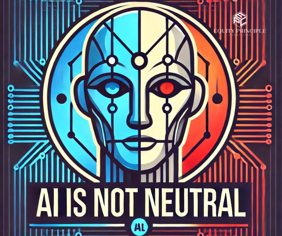 A split face of a robot. One side is a cool blue color the other side is a bold red color. At the bottom are the words AI Is Not Neutral.