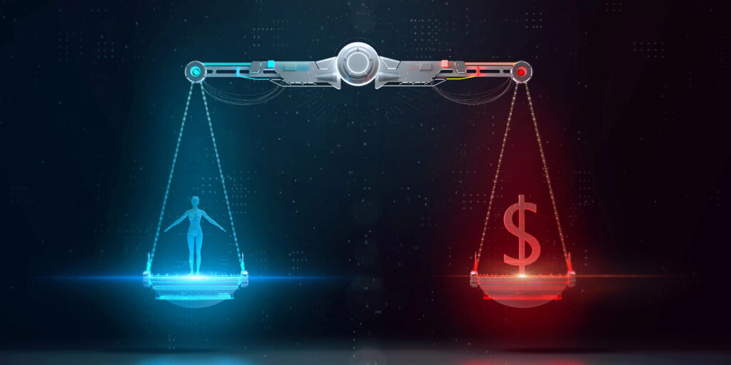 Responsible AI: Image of a scale balancing humanity and money.