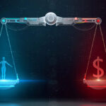 Responsible AI: Image of a scale balancing humanity and money.