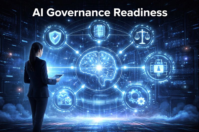 A woman in front of a display of AI systems with the words AI governance readiness.