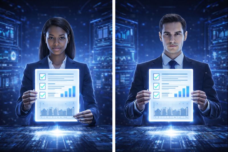A Black female and White male professional in a futuristic scene display consistent AI output report.