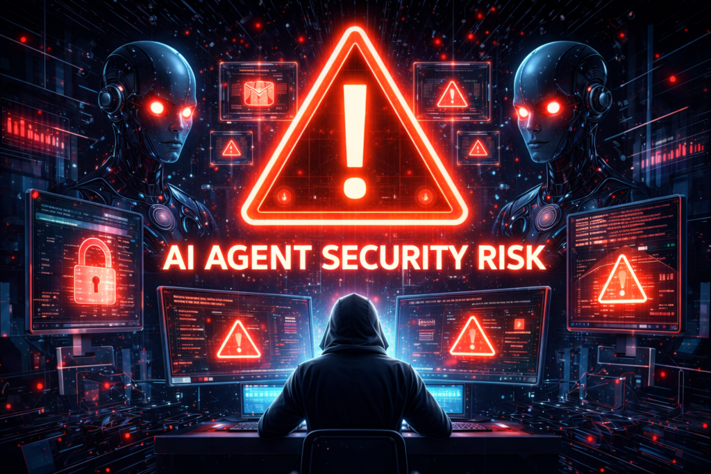 A futuristic cybersecurity scene showing a hooded figure at multiple screens, flanked by humanoid AI robots, with a glowing red warning symbol and alert displays highlighting AI agent security risks.