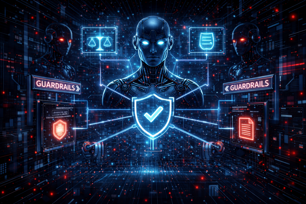 A humanoid AI figure surrounded by holographic interfaces and circuitry, centered around a glowing shield with a checkmark, representing governance, oversight, and protective guardrails for AI systems.