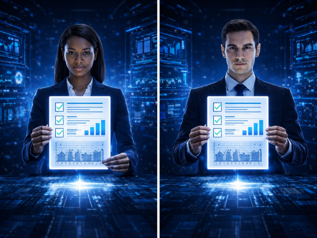 A Black female and White male professional in a futuristic scene display consistent AI output report.